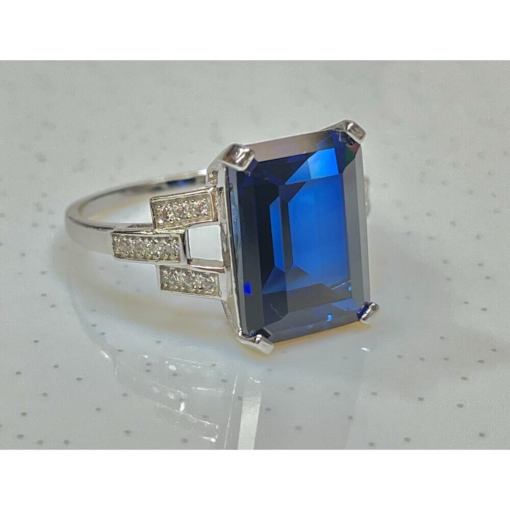 Genuine Emerald Cut Lab-Created Sapphire Set in Ring 925 Sterling Silver - Picture 11 of 13